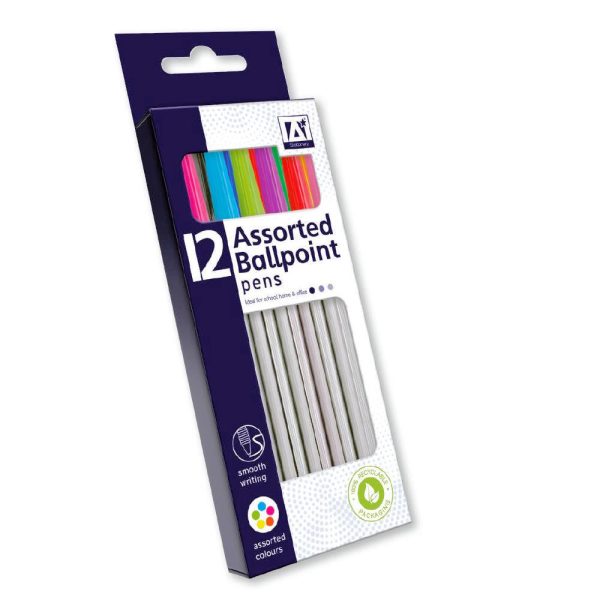 Ballpoint Pens - 12 Pack Bright Colours Vibrant Eye-Catching Pens Writing Colourful Note-Taking Cheap