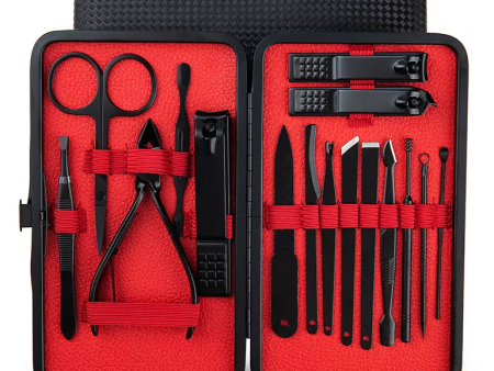 18 in 1 Manicure Nail Set - Black with Red Sale