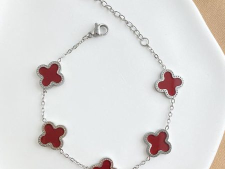 4 Leaf Clover Bracelet - Silver - Red Online now