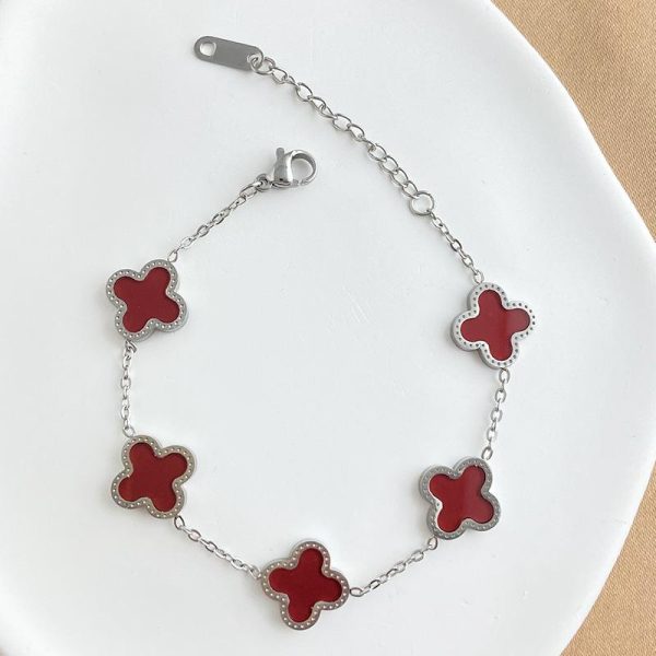 4 Leaf Clover Bracelet - Silver - Red Online now