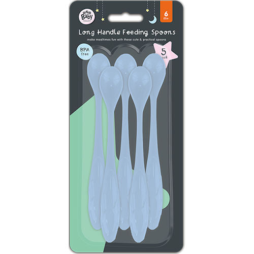 Blue Long Handle Baby Feeding Spoon - 5 Pack Easy Grip Gentle Gums Mealtime Supply