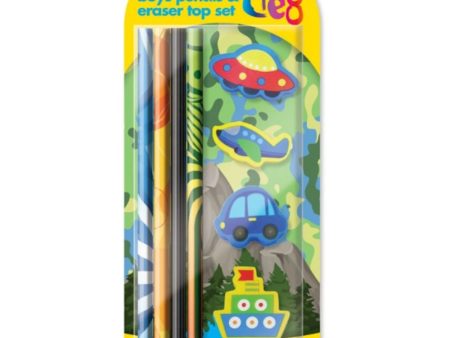 Boys Pencil & Eraser Set - 8 Piece Green Cute Stationery Set Pencils Erasers Hot on Sale