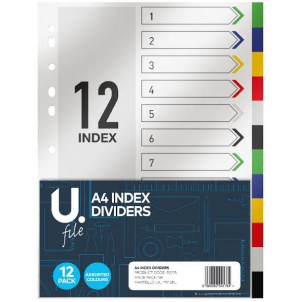 A4 Index Dividers - 12 Pack Organising Documents Folders Durable Construction Long-Lasting Use Organisation Supply