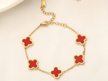 4 Leaf Clover Bracelet - Gold - Red For Cheap