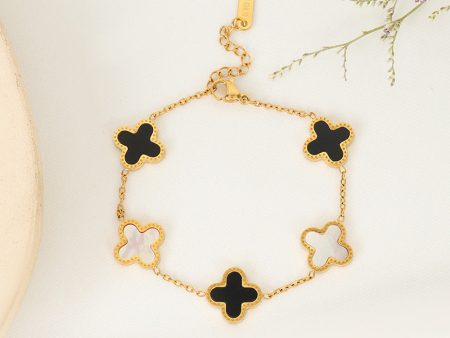 4 Leaf Clover Bracelet - Gold - Black & White Online Sale