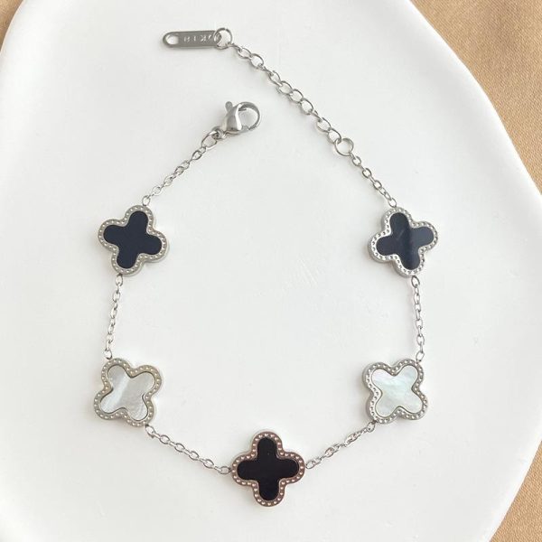 4 Leaf Clover Bracelet - Silver - Black & White Online