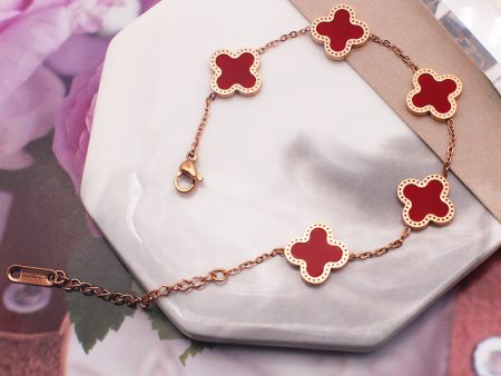 4 Leaf Clover Bracelet - Rose Gold - Red Discount