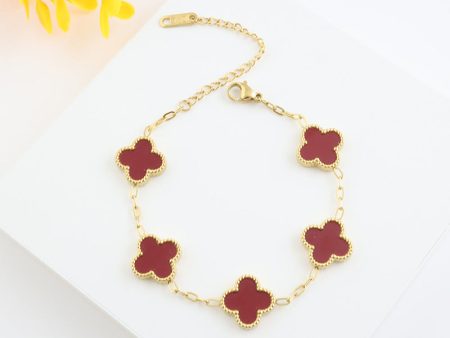 4 Leaf Clover Bracelet - Gold - Double Sided - Maroon For Cheap