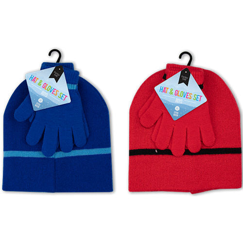 Boys Beanie Hat & Gloves Set Single - Assorted Winter Headwear Warm Knit Cap Gloves Fashion