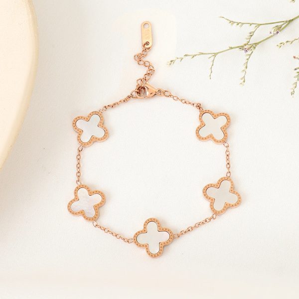 4 Leaf Clover Bracelet - Rose Gold - White For Cheap