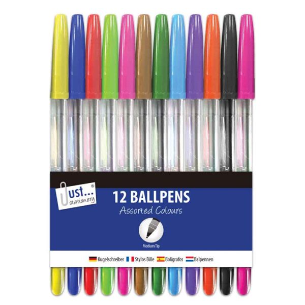 Ballpoint Pens - 12 Pack Assorted Bright Colours Medium Tip Writing Drawing Stationery Online