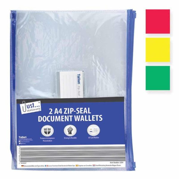 A4 Zip Top Document Wallets - 2 Pack Assorted Colours Office File Organizer Supply