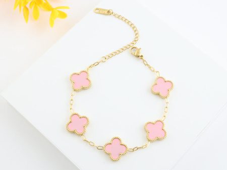 4 Leaf Clover Bracelet - Gold - Pink For Cheap