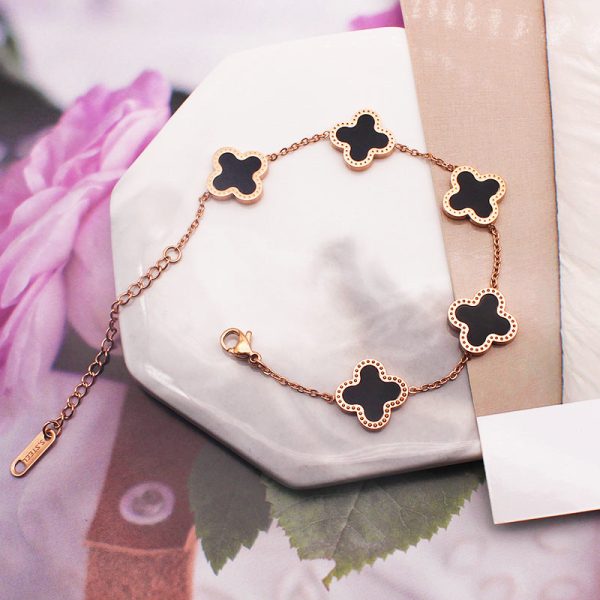 4 Leaf Clover Bracelet - Rose Gold - Black Hot on Sale